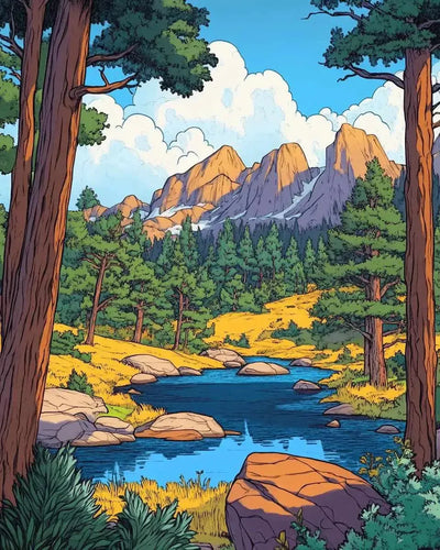A forested mountain landscape with a clear stream flowing through the lush forest.