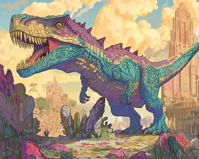 A colorful dinosaur stands majestically in a rocky landscape.