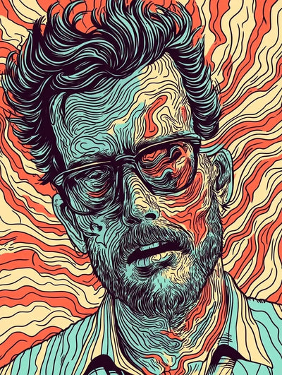 Psychedelic portrait with colorful waves surrounding the face.