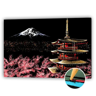 Mount Fuji and cherry blossoms scratch art