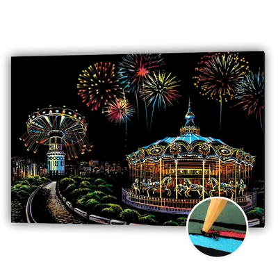 Scratch art of an amusement park – Ferris wheel, carousel and fireworks