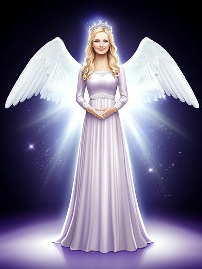 A fine angel figure dressed in white radiating light and peace against a dark blue background.