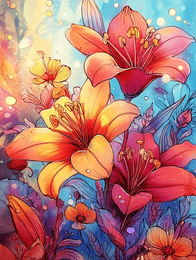 Diamond painting with bright orange and reddish lilies glowing against the light.