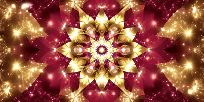 Radiant Mandala diamond painting: golden mandala with lotus petals on a deep magenta background