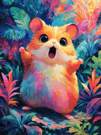 Thumbnail for Timanttimaalaus, jossa värikäs ja iloinen hamsteri seisoo trooppisten kasvien keskellä.