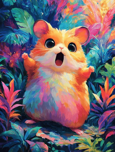 Diamond painting with a colorful and cheerful hamster standing among tropical plants.