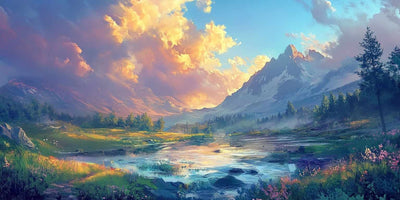 A bright mountain landscape where golden rays of sunlight illuminate the flowing river and the mountains rising around.