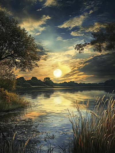 River landscape with a sunset reflecting off the water's surface, surrounded by lush vegetation and golden hues.