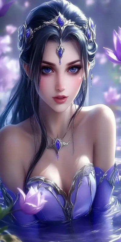The princess adorned with jewels stands by the water in magical light.