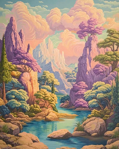 Pastel-colored mountain landscape, where soft clouds and bright colors create a harmonious atmosphere.