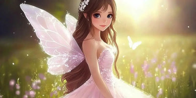 Beautiful fairy in the meadow, with a glowing light and flowers in the background.