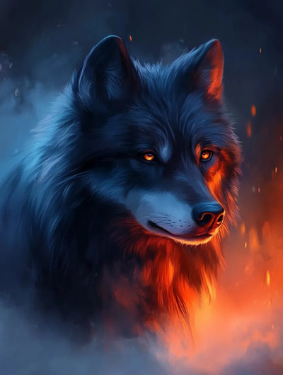 The wolf tinted with shades of blue and orange light looks intensely at the center of the fire.