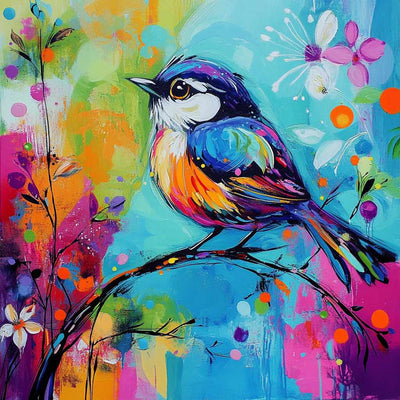 A colorful bird on a branch with a bright blue and green background, surrounded by abstract flowers and splashes of color.