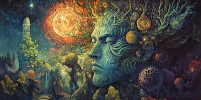 A cosmic portrait where the face merges with the starry sky and organic shapes. The image represents the spirit of the universe.