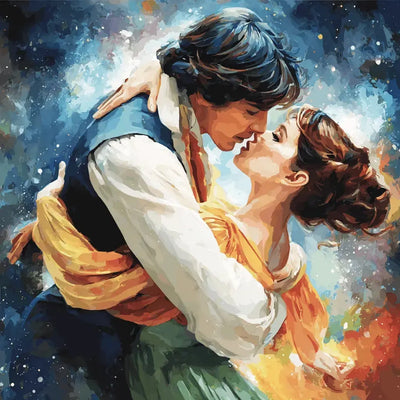 Diamond painting of a couple kissing under the starlight.