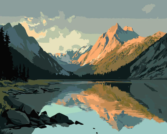 A peaceful mountain landscape where a clear lake reflects the snow-capped mountains and the evening twilight sky.