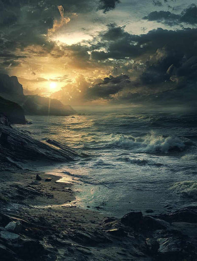 A stormy coast where waves crash against the rocks and dramatic clouds in the sky create a strong contrast with the sunlight.