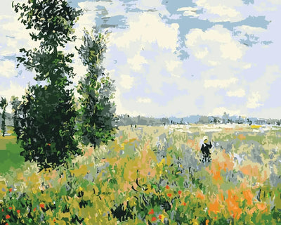 A summer meadow and blue sky in an impressionist style, Paint By Numbers.
