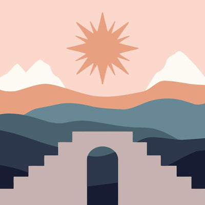 Mountain landscape with a gate and a radiant sun on a pink background.