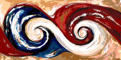 Abstract red, blue, and white spiral pattern, Paint By Numbers.