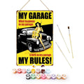 Thumbnail for Pre-painted My Garage paint-by-numbers set, featuring a retro-style metal sign, acrylic paint pots, and three brushes on display.