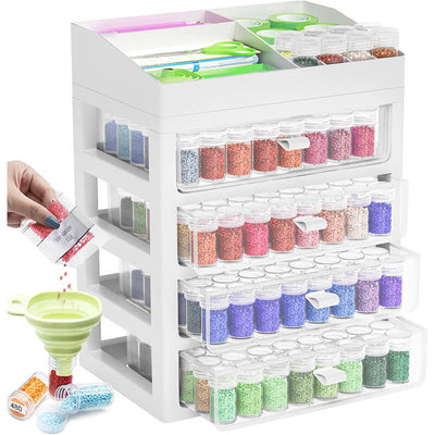 Diamond painting supplies storage, featuring four plastic storage compartments and 192 round diamond tubes, along with stickers and a silicone filling assistant.