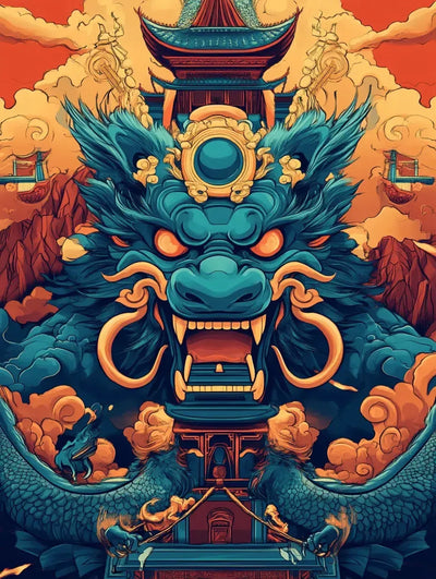 The blue dragon guards the temple, with shades of red and orange in the background.