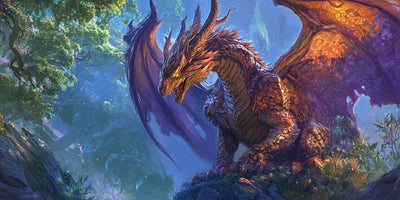 The majestic dragon, whose orange and golden wings glow, sits in a lush forest landscape, with a bluish sky and bright shadows in the background.