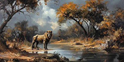 A lion stands by the calm water on the savannah, with golden and brown hues in the background, a dramatic sky, and lush trees framing the scene.