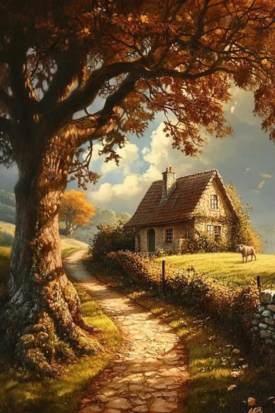 A rural landscape, where a large tree shades the path leading to a stone house. In the background, open meadows and the warm hues of autumn are visible.