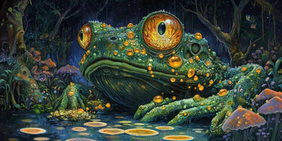 A giant frog figure, whose green skin glistens golden in the middle of the dark forest.