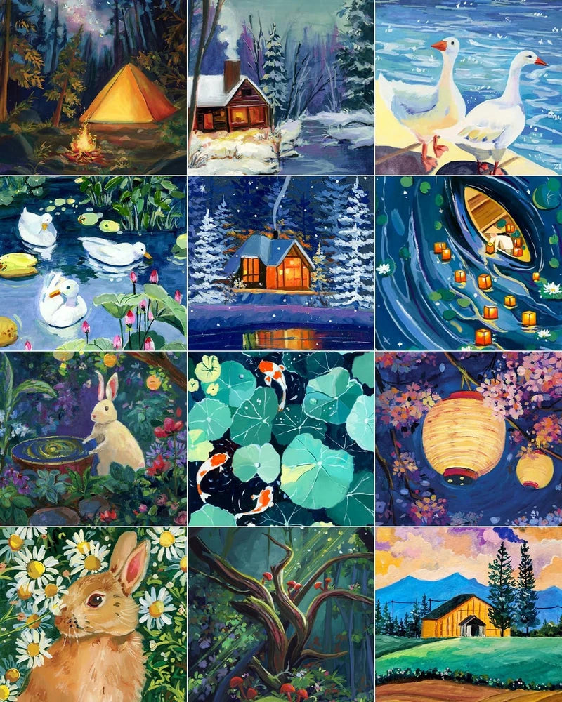 Twelve different Zoe Lee diamond painting images in the same collage.