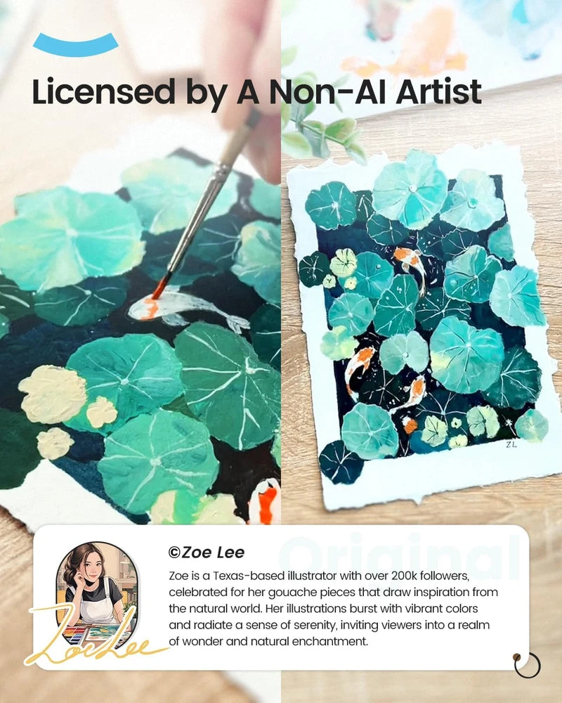 Licensed Zoe Lee diamond painting – authentic gouache art and close-up of aquatic plants and koi fish.