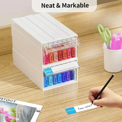 Stackable diamond storage on the table, where differently colored diamonds are stored practically and neatly.