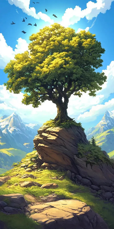 A solitary tree stands on the mountain top, with a blue sky and mountains in the background.