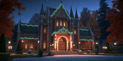 Illuminated castle under the night starry sky, surrounded by lush vegetation.