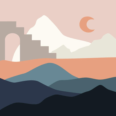 Mountain landscape, where the moon and minimalist mountain shapes are highlighted in soft tones.