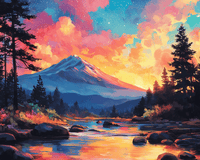 Thumbnail for Timanttimaalaus, jossa vuoristomaisema loistaa auringonlaskun ja värikkään taivaan alla.