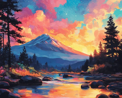 Diamond painting with a mountain landscape shining under the sunset and colorful sky.