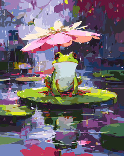 A cute green frog sits on a lily pad in the rain, using a water lily flower as its umbrella while the water surface reflects colors.