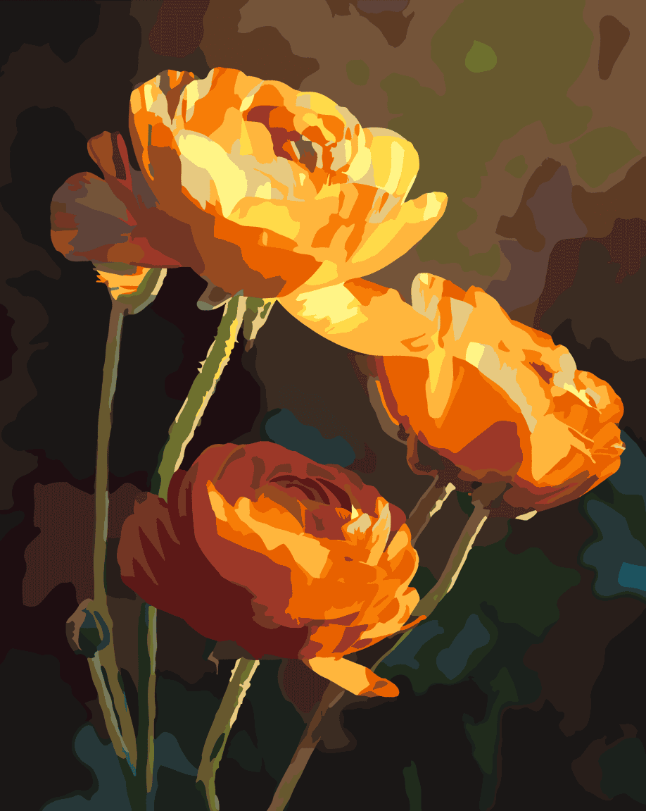 Numeromaalaus, jossa hehkuvan oranssit kukat loistavat tummassa valaistuksessa.