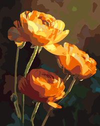 Thumbnail for Numeromaalaus, jossa hehkuvan oranssit kukat loistavat tummassa valaistuksessa.