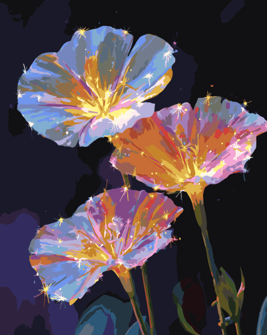 Numeromaalaus, jossa tähtisäkenöivät kukat hohtavat tummansinisellä taustalla.