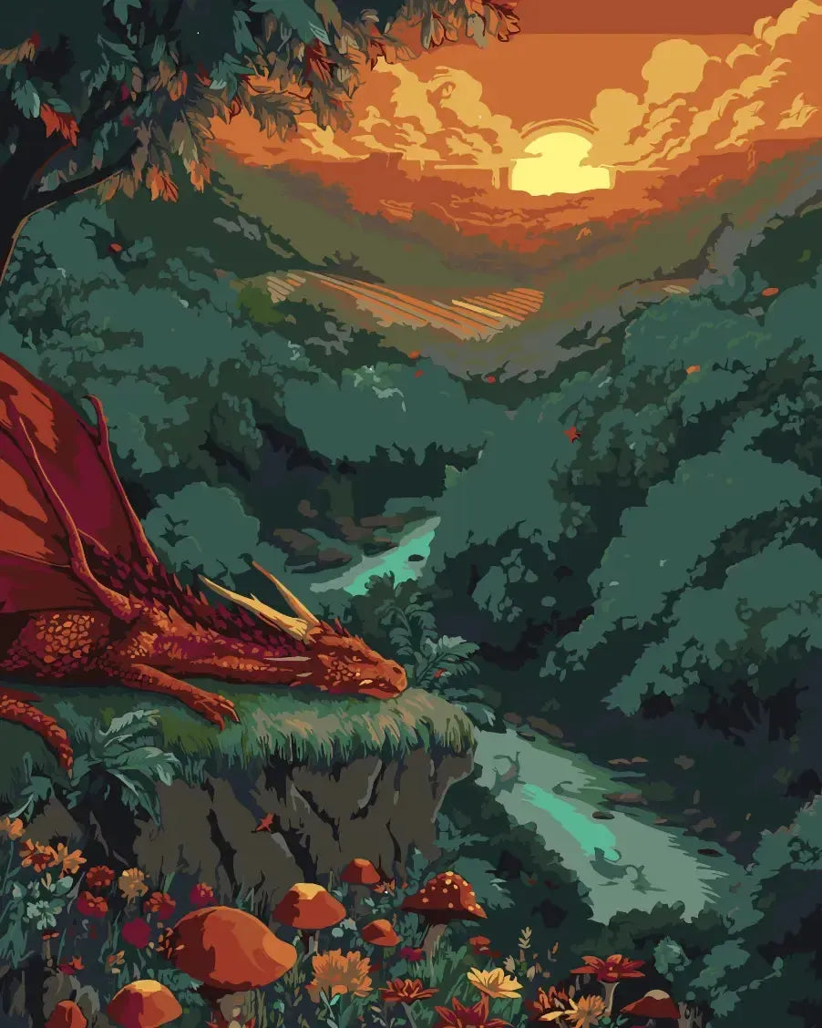 Majesteettinen punainen lohikäärme lepää kallion reunalla auringonlaskun värjätessä taivaan kullan ja oranssin sävyihin, alla kiemurteleva turkoosi joki ja rehevä laakso.