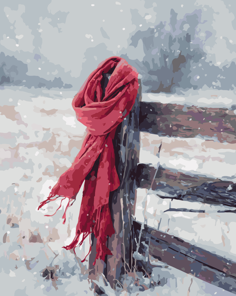 Numeromaalaus, jossa punainen huivi roikkuu puisella aidalla lumisessa maisemassa.