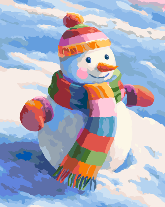 Numeromaalaus, jossa hymyilevä lumiukko seisoo lumihangessa värikäs pipo ja huivi yllään.