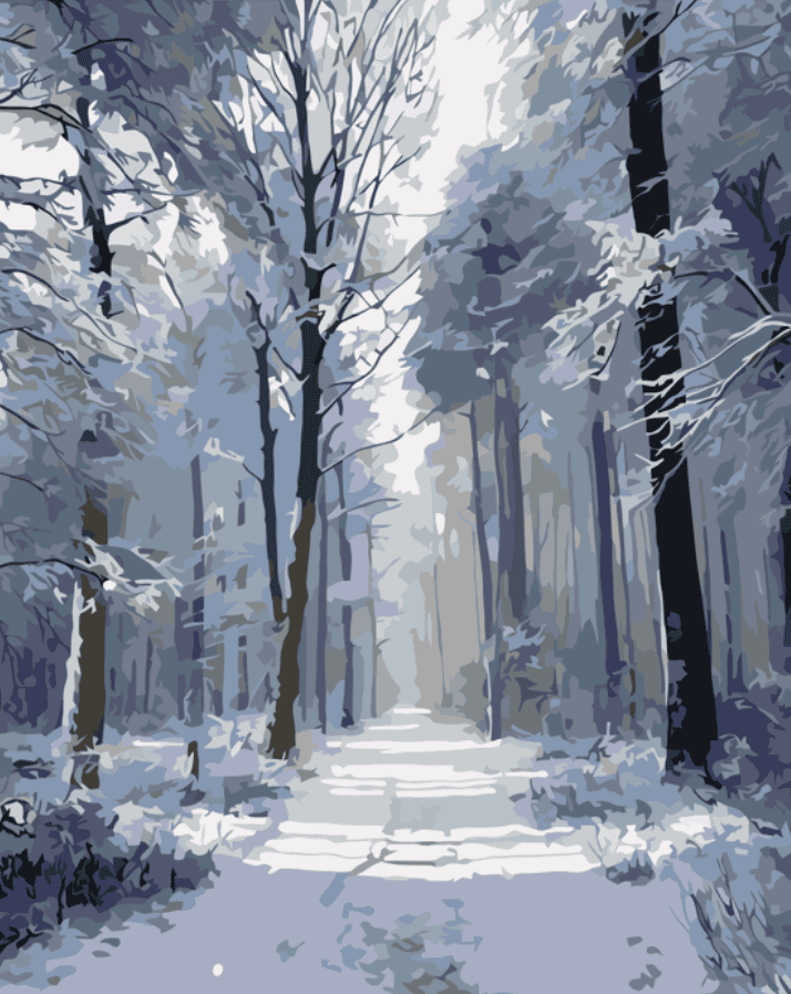 Numeromaalaus, jossa luminen metsä avautuu valkoisena polkuna puiden välistä.