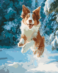 Thumbnail for Numeromaalaus, jossa koira juoksee iloisesti lumisessa maisemassa korvat liehuen.