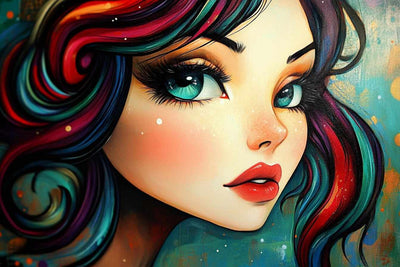 A colorful portrait of a woman with bright eyes and rainbow-colored hair.