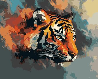 Animal-themed Paint By Numbers, where the tiger's face shines in shades of orange and black, surrounded by smoky abstract hues.